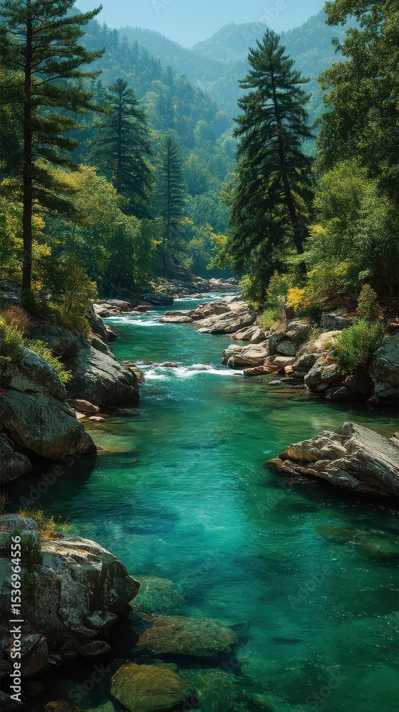 Fototapeta premium Scenic river flows through lush forest surrounded by mountains on a tranquil summer day