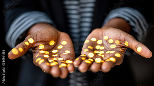 A person hands reaching out and praying with glowing dots representing divinity