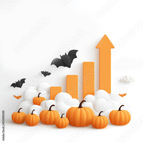 Creative autumn-themed graphic features pumpkins, clouds, and bats illustrating growth trends in a seasonal context
