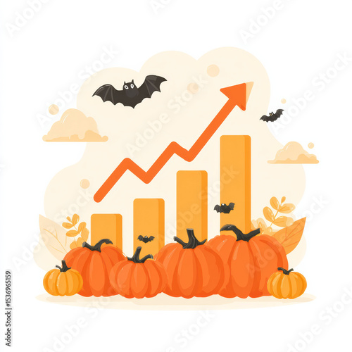 Growth chart with pumpkins and bats in an autumn-themed illustration showcasing seasonal trends