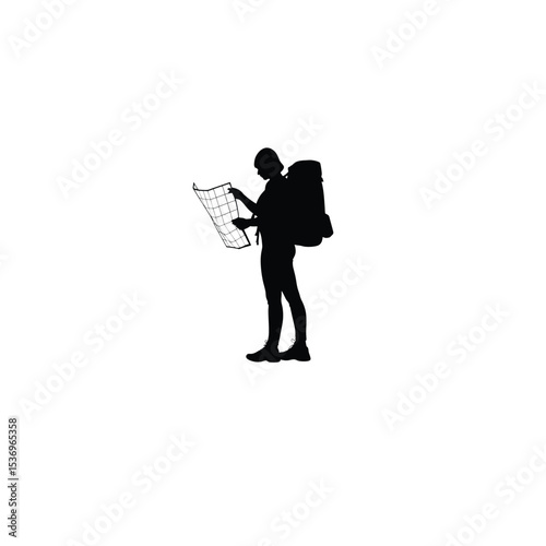 tourist with backpack looking at map silhouette on white background