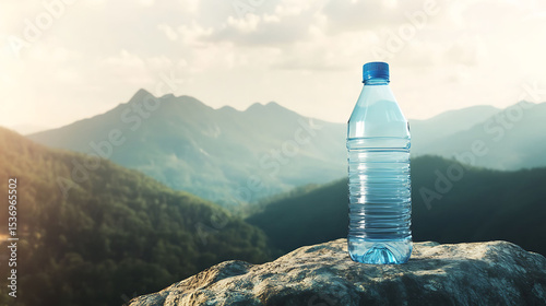 Outdoor mineral water bottle mockup with mountain landscape backdrop