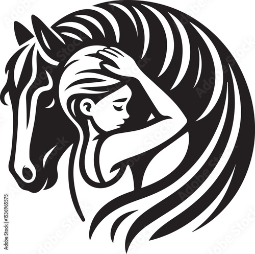 A girl tenderly embracing a horse a stunning black and white vector art design showcasing equine love and friendship
