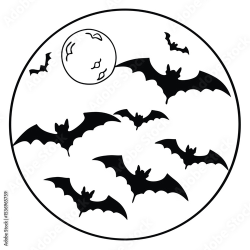 Halloween night vector illustration with flying bats and a spooky full moon silhouette