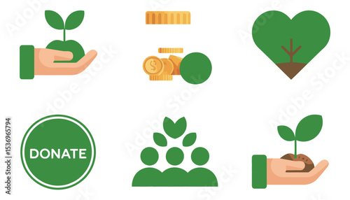 A set of green eco icons illustrating natural plant and tree symbols for organic and environmental design concepts