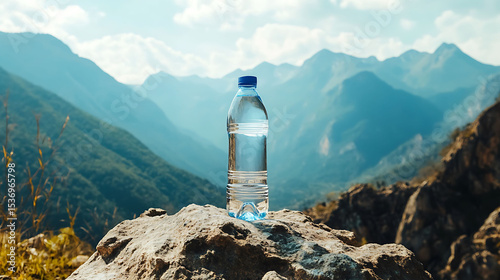 Outdoor mineral water bottle mockup with mountain landscape backdrop