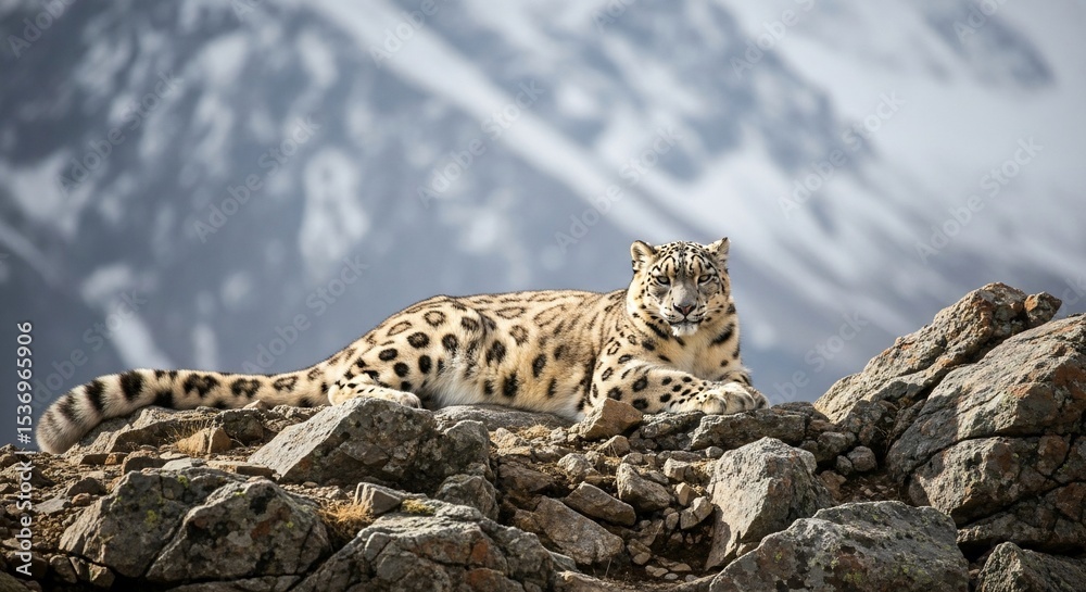 Fototapeta premium Snow leopard resting on rocks in mountains wildlife animal predator feline nature conservation big cat
