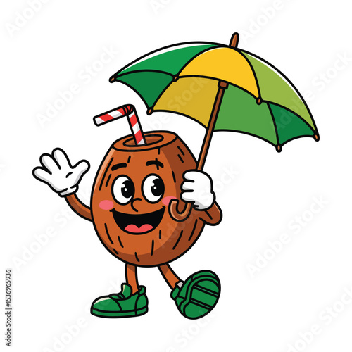 A cheerful cartoon coconut character with a straw sticking out from the top is holding a large green and yellow umbrella