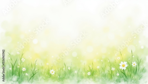 Vibrant green grass and colorful flowers background, a serene nature wallpaper lush