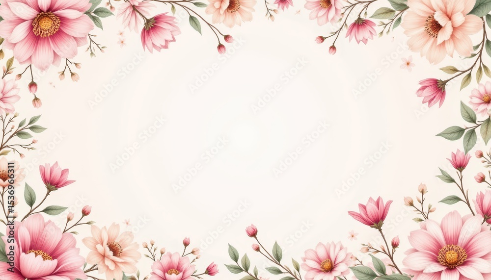 Obraz premium Elegant pink floral background with flowers and leaves for spring designs pink