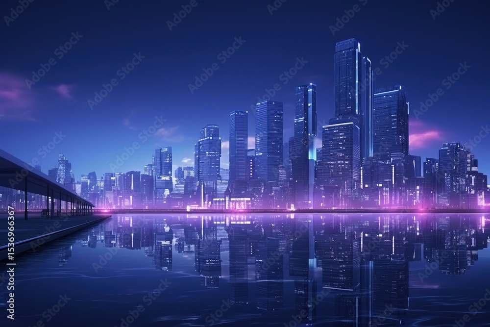 Fototapeta premium Futuristic cyberpunk cityscape with glowing neon holograms and flying cars, ultra detailed 8K sci-fi atmosphere in dark blue and purple lighting, showing advanced technology