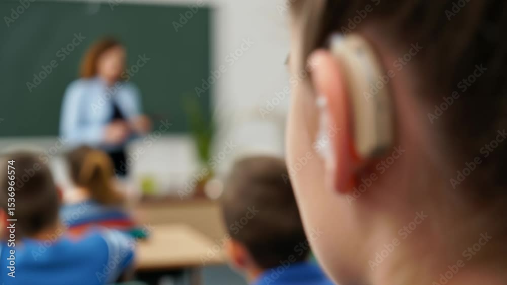 Child with hearing aid in classroom, focused on teacher, surrounded by classmates, demonstrating the importance of inclusive education and accessibility for all students