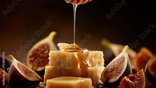 Honey drizzling over cubes of creamy fudge surrounded by fresh figs, creating a rich and indulgent dessert scene with warm lighting and inviting textures