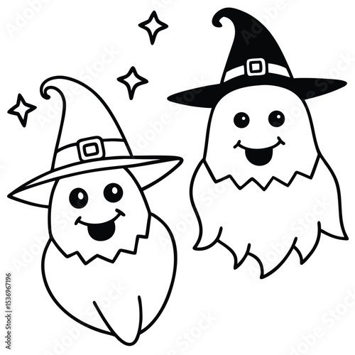 Cute cartoon animal vector illustration featuring a happy Halloween ghost and a funny witch with a pumpkin, alongside a lovable cat character