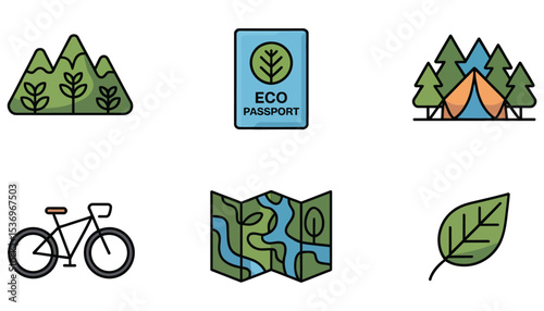A vibrant vector set of green eco and camping icons illustrating nature, recycling, and environmental energy
