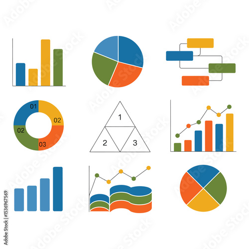 Collection of various colorful business charts and diagrams on white