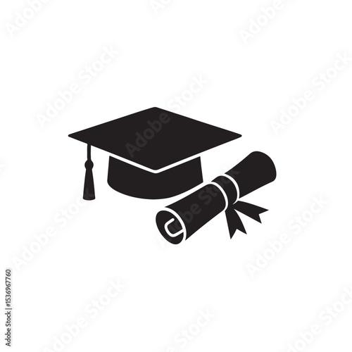 Graduation Cap and Diploma Scroll Silhouette on White Background Vector