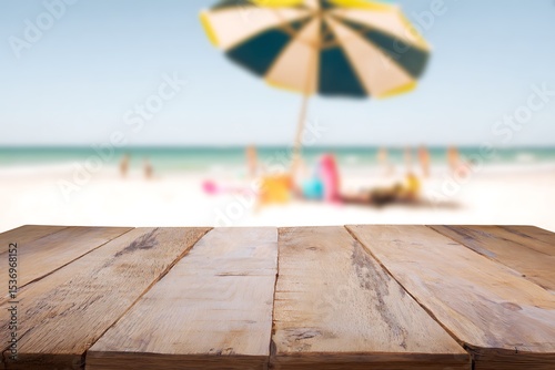 Wooden table on beach scene