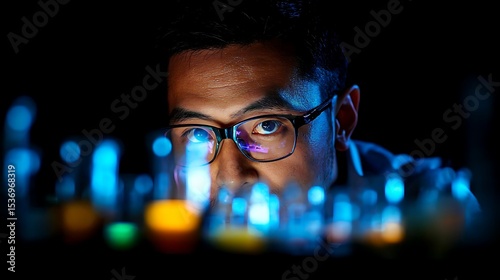 Focused Male Scientist in Glasses Examining Blue Illuminated Lab Equipment at Night