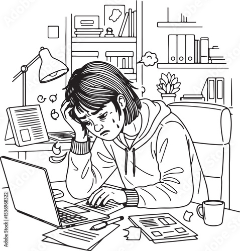 A monochromatic line art illustration depicting a person with a distressed expression, possibly crying, hunched over a laptop at a desk with papers.