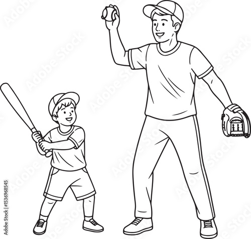A vector illustration featuring a dad and his child playing with baseball