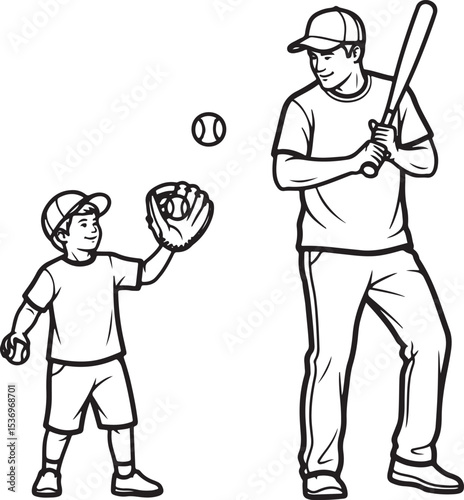 A vector illustration of a dad and his child playing with baseball