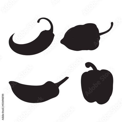 Four In Four Styles Silhouette Pepper Vector Design Bundle. Pepper Habanero Jalapeno Bell Serrano. Vector Illustration