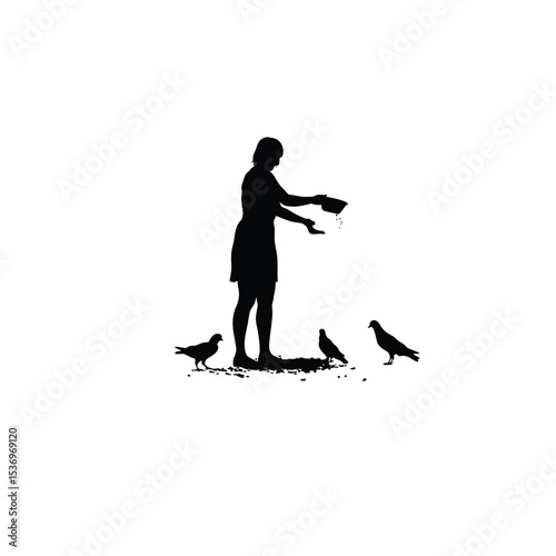 woman feeding birds in park silhouette on white background