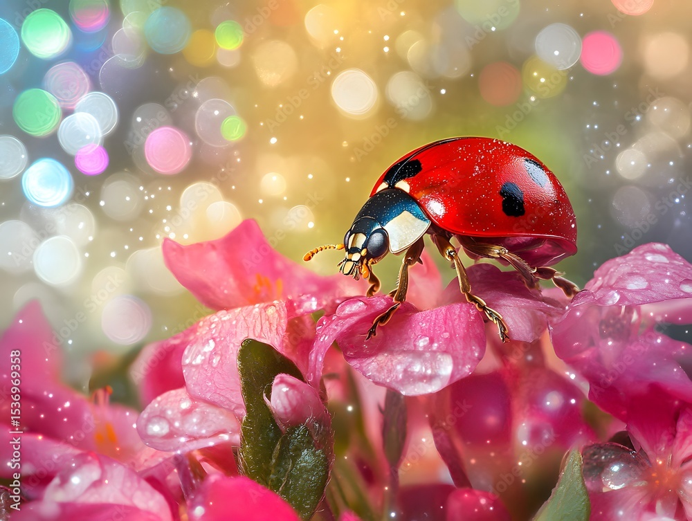 Obraz premium Vibrant Ladybug on Dewy Pink Flowers, Sparkling Bokeh Background