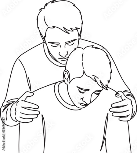 A vector line art illustration, in a simplistic style, depicts a person offering comforting support to a friend who is clearly sad
