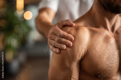 Close-up of a muscular man receiving shoulder massage from a professional therapist, focusing on wellness and health care for pain relief and muscle tension reduction.