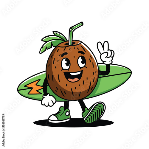 A cheerful cartoon coconut character with a straw sticking out of its top, holding a large green surfboard.