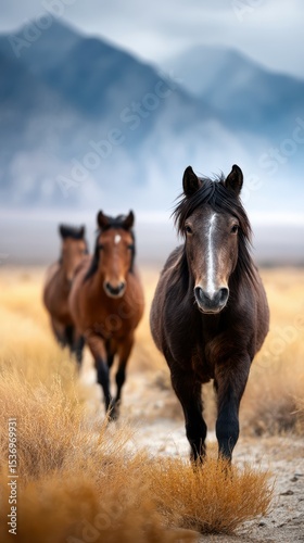 Horses walking through golden grass with mountains in the background during cloudy weather