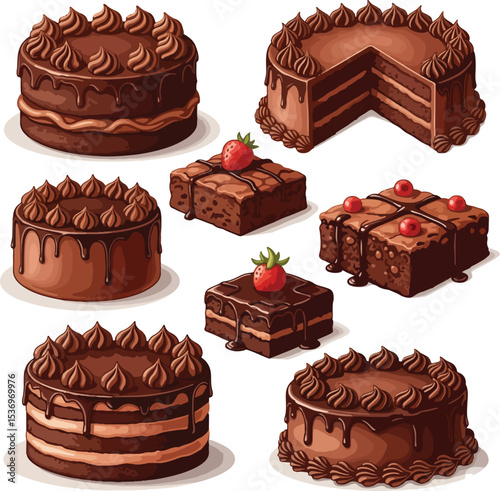 A vibrant vector illustration of a variety of chocolate cakes, each showcasing a different design and style.