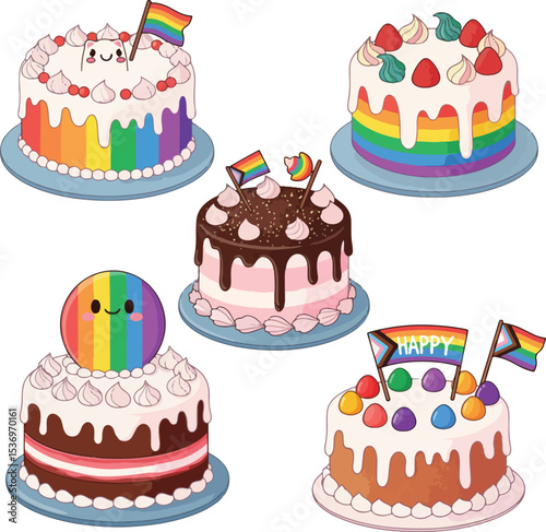 A whimsical vector illustration of several cute and beautifully designed pride cakes. Each cake is unique, showcasing a rainbow of colors and LGBTQ+ themes in creative ways