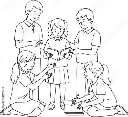 line art depicting a group of children helping a classmate with their studies or a project