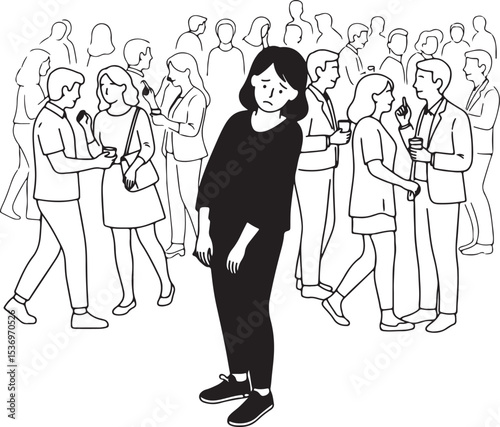 Monochrome Illustration of a Sad, Isolated Woman in a Crowd.