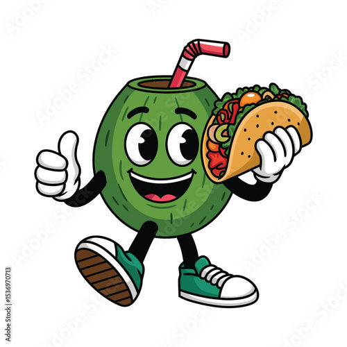 A cheerful green coconut character with big expressive eyes and a friendly smile, holding a taco filled with fresh vegetables in one hand