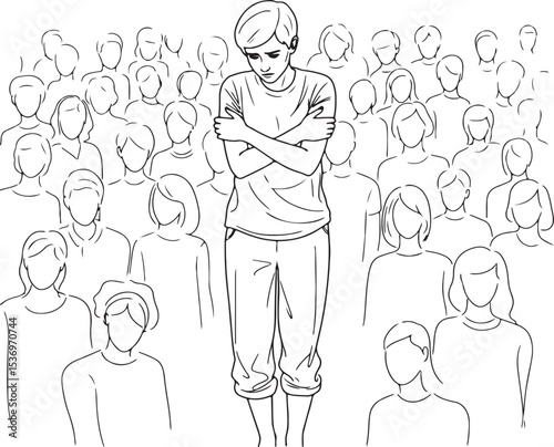 Monochrome Line Art Illustration of an Isolated Boy in a Crowd