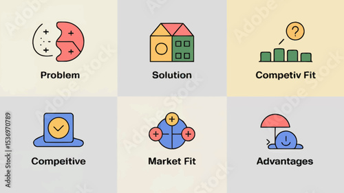 Enhance your business strategy with these six vibrant icons depicting problem, solution, competitive fit, market fit, and advantages for impactful presentations and branding.
