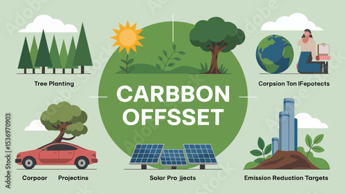 Sustainable design showcasing carbon offset strategies like tree planting, solar energy, and emission reduction targets for eco-conscious branding