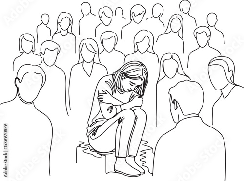 Monochrome Line Art of a Sad, Isolated Woman Sitting in a Crowd