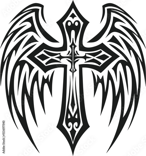 Tribal cross with wings design isolated on white background