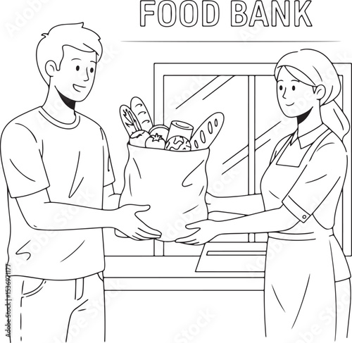 Vector line art illustration of a person donating a bag of groceries to a food bank.