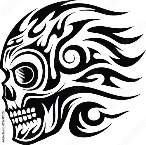 Tribal style skull with flames design isolated on white background