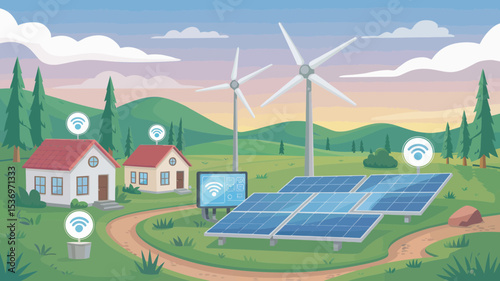 Sustainable Energy Smart Home Design featuring solar panels wind turbines and wireless connectivity for eco-friendly living showcasing a green landscape