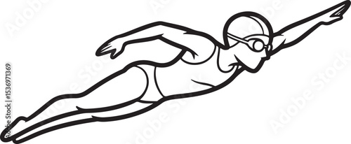 A black and white outline illustration of a swimmer in a streamlined position with goggles and cap, mid-stroke or diving