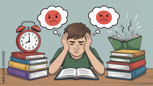 Frustrated Student Studying with Books and Alarm Clock Design Perfect for Education Resources and Website Graphics