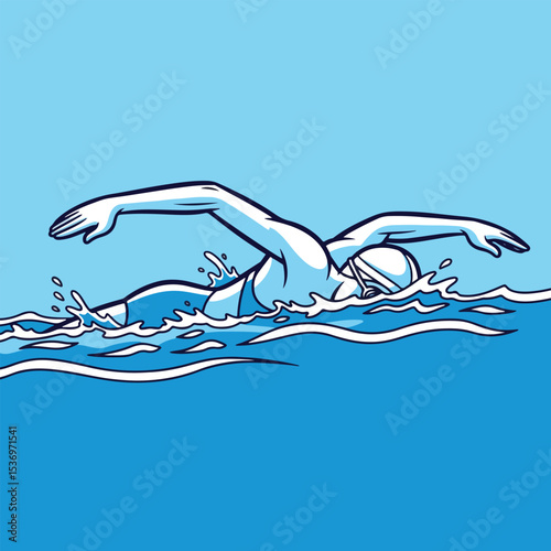 A bold illustration of a swimmer in a white cap and suit, powerfully executing a stroke with splashes against a blue water background.