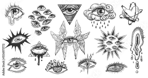 Esoteric human eye with angel wings. Sketch melting female eye for tattoos and prints. Heart with barbed wire. Triangle with eye, blood tears, cloud